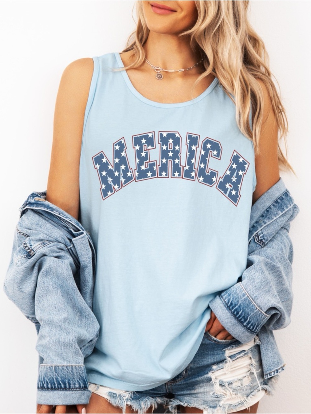 Comfort Colors Light Blue 'MERICA Star Graphic Tank - Women